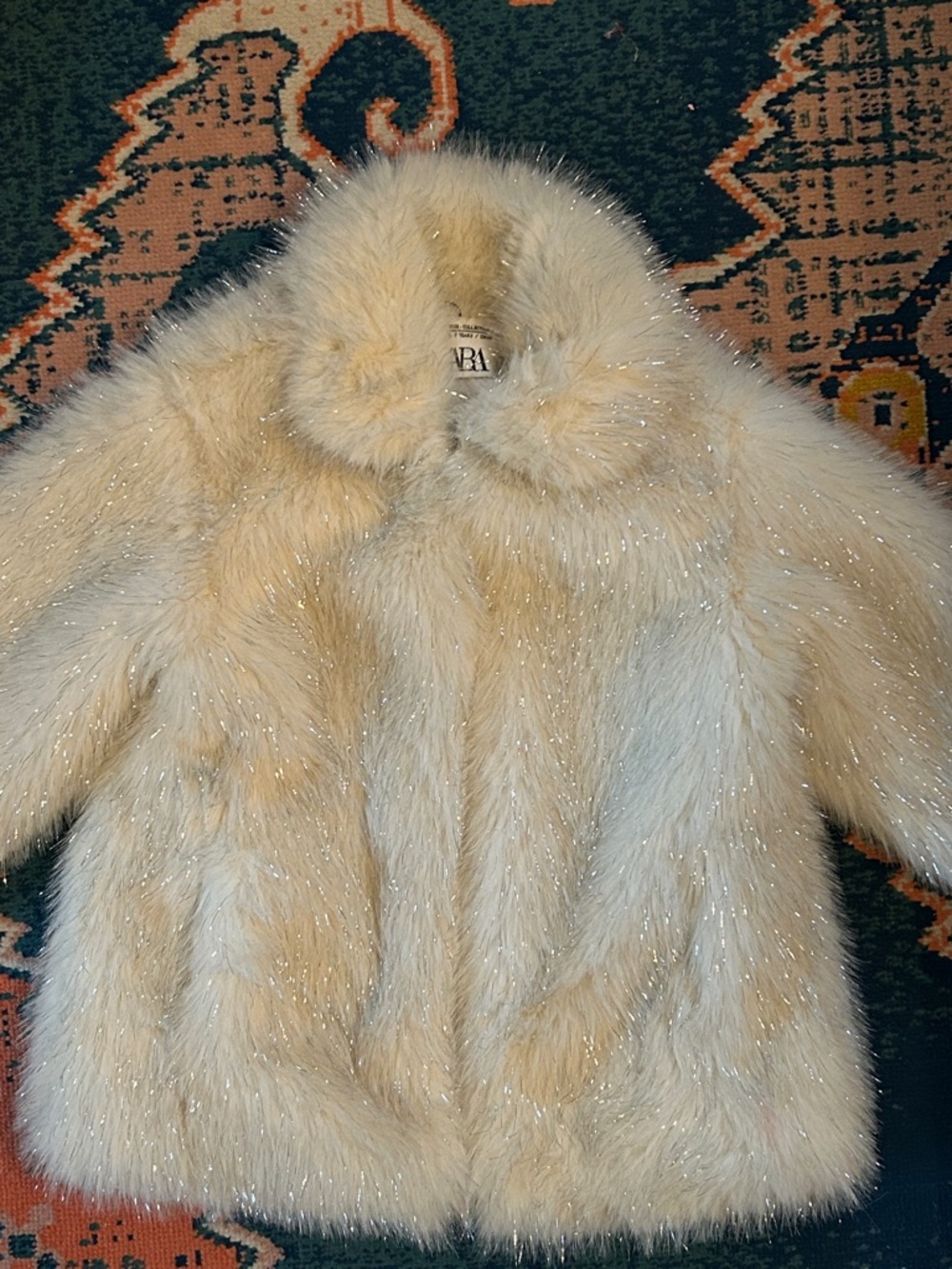 Zara Cream Sparkle Faux Fur Coat